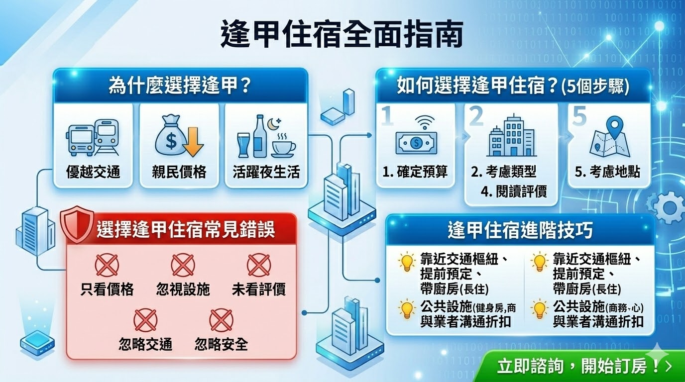逢甲住宿提供多樣的選擇，無論是背包客旅館、民宿還是豪華酒店，都能滿足不同預算與需求。逢甲商圈周邊不僅擁有便捷的交通和豐富的餐飲購物選擇，還能讓您輕鬆前往主要景點。選擇逢甲住宿不僅能享受優質的服務，還能感受這個充滿活力的區域氛圍，是短期旅行或長期居住的理想選擇。
